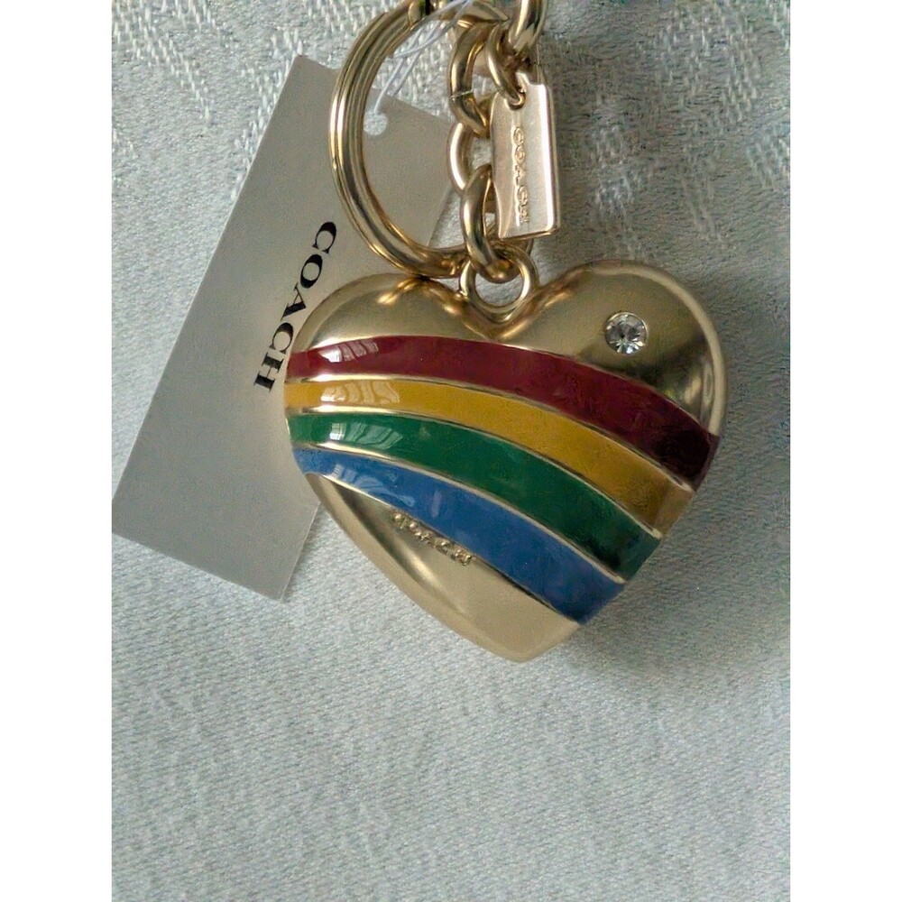 NWT Coach Rainbow Heart Bag Charm Keychain Fob CAX71 Brass Multi Purse Accessory